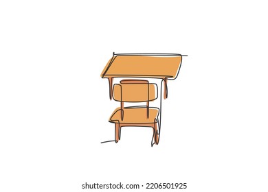 Single continuous line drawing of wooden school chair and table set. Back to school minimalist style. Education concept. Modern one line draw graphic design vector illustration