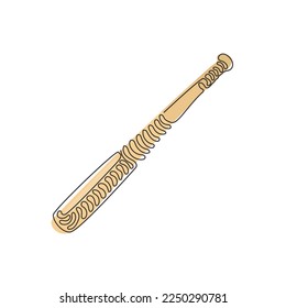 Single continuous line drawing wooden baseball bat. American sport game equipment. Realistic baseball bat. Outdoor sport. Swirl curl style. Dynamic one line draw graphic design vector illustration