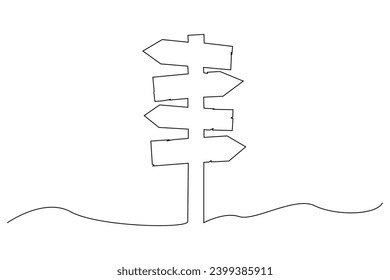 Single continuous line drawing of wooden arrow shape road sign