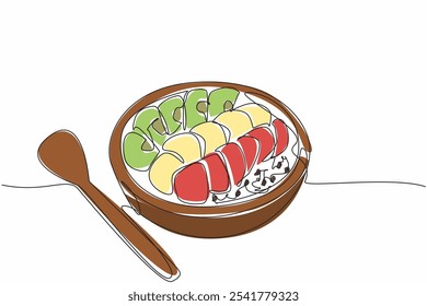 Single continuous line drawing wooden acai bowl containing several pieces of fruit and chia seeds. Beneficial for lower blood pressure. National Acai Bowl Day. One line design vector illustration