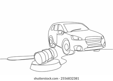 Single continuous line drawing wooden hammer lying on a wooden cushion and a miniature car. Car auction or warranty claim. Compensation. National Auctioneers Day. One line design vector illustration