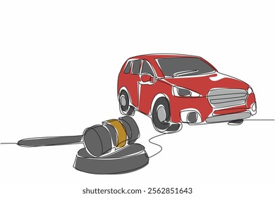 Single continuous line drawing wooden hammer lying on a wooden cushion and a miniature car. Car auction or warranty claim. Compensation. National Auctioneers Day. One line design vector illustration