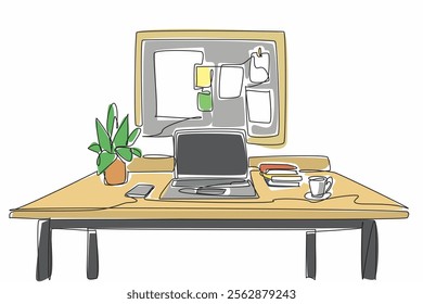Single continuous line drawing work desk equipped with laptop for work. Small notes for urgent work reminders. Warm coffee always accompanies. Get Organized Day. One line design vector illustration