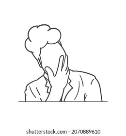 Single continuous line drawing of worker holding hand on chin isolated. male flat cartoon character, office worker posing. Confused, dreaming, hesitating student. one design vector illustration