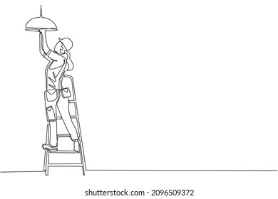 Single continuous line drawing worker electrician on ladder change light bulb. Professional repairwoman in uniform and helmet working. Idea of electricity. Dynamic one line draw graphic design vector