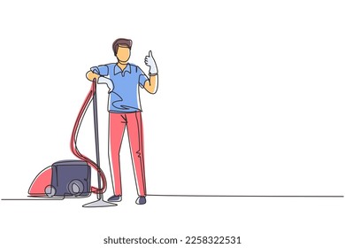 Single continuous line drawing worker of cleaning service. Man dressed in uniform with vacuum cleaner. Washing and cleaning service. Disinfection and cleaning. One line draw design vector illustration