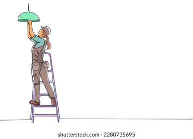 Single continuous line drawing worker electrician on ladder change light bulb. Professional repairwoman in uniform and helmet working. Idea of electricity. Dynamic one line draw graphic design vector