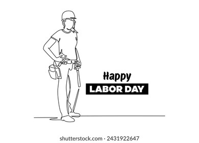 Single continuous line drawing of worker woman at construction project. Labor minimalist concept. Banner and logo for labor days. simple line.