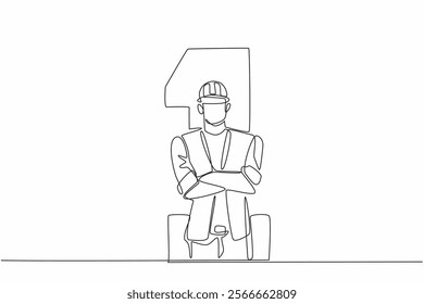 Single continuous line drawing worker crossing his arms in the middle of the big number 1. A reminder to respect the struggle and rights of workers. Labor. May Day. One line design vector illustration