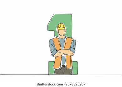 Single continuous line drawing worker crossing his arms in the middle of the big number 1. A reminder to respect the struggle and rights of workers. Labor. May Day. One line design vector illustration