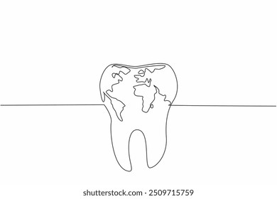 Linha contínua única desenhando mapa do mundo localizado no meio dos dentes. Aumentar a conscientização da saúde bucal e dentária. Por um sorriso encantador. Dia Mundial da Saúde Bucal. Ilustração de vetor de design de uma linha