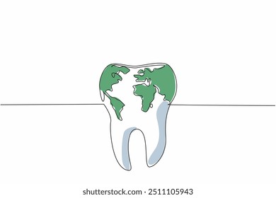 Linha contínua única desenhando mapa do mundo localizado no meio dos dentes. Aumentar a conscientização da saúde bucal e dentária. Por um sorriso encantador. Dia Mundial da Saúde Bucal. Ilustração de vetor de design de uma linha