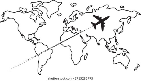Single continuous line drawing world map and passenger airplane flying over continents. Vector graphic illustration global travel journey route dotted line. Outline sketch international transportation navigation concept.
