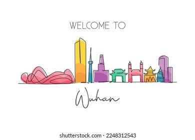 Single continuous line drawing Wuhan skyline, China. Asia famous city scraper landscape gallery. World travel home wall decor art poster print concept. Modern one line draw design vector illustration