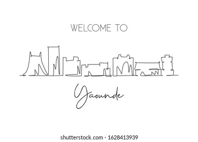 Single continuous line drawing Yaounde city skyline, Cameroon. Famous city scraper and landscape home decor wall art poster print. World travel concept. Modern one line draw design vector illustration