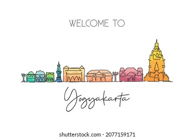 Single continuous line drawing Yogyakarta skyline, Indonesia. Famous city scraper landscape postcard. World travel destination concept. Editable stroke modern one line draw design vector illustration
