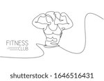 Single continuous line drawing of young muscular model woman bodybuilder pose elegantly. Fitness center gym logo. Trendy one line draw design vector illustration for bodybuilding icon symbol template