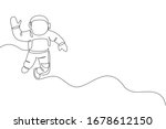 Single continuous line drawing of young cosmonaut scientist discovering spacewalk universe in vintage style. Astronaut cosmic traveler concept. Trendy one line draw graphic design vector illustration
