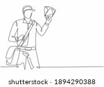 Single continuous line drawing of young postman holding envelopes to be sent to customer. Professional work job occupation. Minimalism concept one line draw graphic design vector illustration