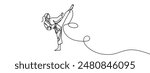 Single continuous line drawing young cute taekwondo woman doing kick pose in fight uniform with belt exercising martial art at gym.