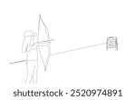 Single continuous line drawing of young professional archer woman focus aiming archery target. Archery sport exercise with the bow concept. Hand made vector not AI. 