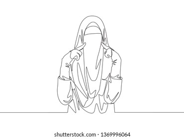 Single continuous line drawing of young cute Asian muslimah wearing burqa while touching her cheeks. Traditional beauty muslim woman niqab with hijab concept one line draw design vector illustration