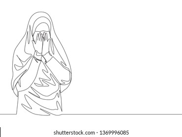 Single continuous line drawing of young cute saudi arabian muslimah wearing burqa and covering face with hands. Traditional muslim woman niqab hijab concept one line draw design vector illustration