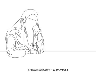 Single continuous line drawing of young pretty saudi arabian muslimah wearing burqa and pensive seriously. Traditional muslim woman niqab with hijab concept one line draw design vector illustration