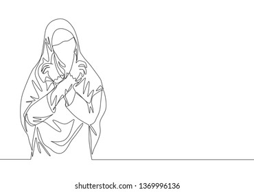 Single continuous line drawing of young beauty cute middle east muslimah wearing burqa with veil. Traditional beautiful muslim woman niqab with hijab concept one line draw design vector illustration