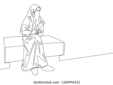 Single continuous line drawing of young attractive middle east muslimah wearing burqa siting on chair. Traditional beauty muslim woman niqab with hijab concept one line draw design vector illustration