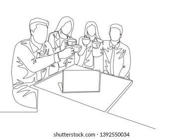 Single continuous line drawing of young male and female office workers discussing strategy to increase product sales at marketing team member meeting. One line draw graphic design vector illustration