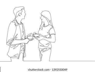 Single continuous line drawing of young male and female workers talking together while office break time. Drinking coffee or tea at workplace concept. One line graphic draw vector design illustration