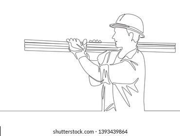 Single Continuous Line Drawing Of Young Lumberjack Wearing Helmet And Glove While Carrying Pile Of Woods. Carpenter Building Maintenance Service Concept. One Line Draw Design Illustration