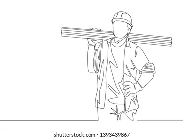 Single continuous line drawing of young lumberjack wearing helmet and glove while carrying stack of woods. Carpenter building maintenance service concept. One line draw design illustration