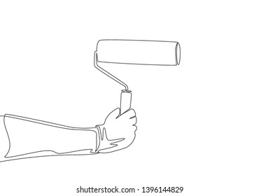 Single continuous line drawing of young young repairman painting wall using paint roller. House maintenance service concept one line draw design illustration