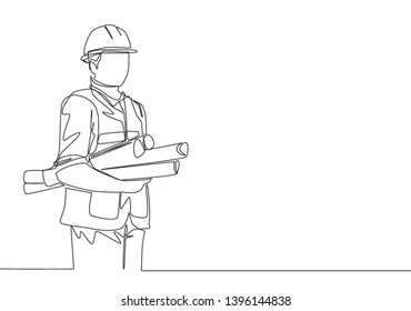 Single continuous line drawing of young attractive architecture holding building sketch design blueprint roll paper. House maintenance service concept one line draw design illustration