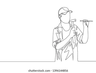 Single continuous line drawing of young attractive male handyman nailing wall with a hammer. Home renovation service concept one line draw design illustration