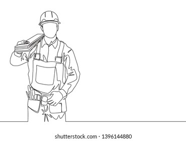 Single continuous line drawing of young handsome lumberjack on uniform carrying stack of wooden boards. Building construction service concept one line draw design illustration