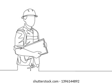 Single continuous line drawing of young attractive foreman controlling building development progress while holding clipboard. Building construction service concept one line draw design illustration