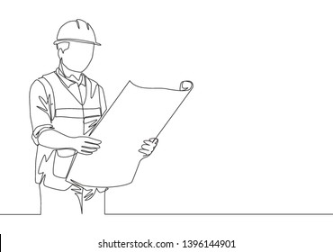 Single continuous line drawing of young attractive architect checking sketch building architecture blueprint. House maintenance service concept one line draw design vector graphic illustration
