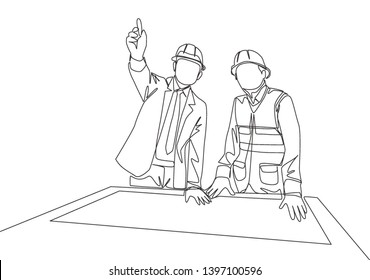 Single continuous line drawing young construction manager giving instruction to builder coordinator at site meeting  Building architecture business concept  One line draw design vector illustration