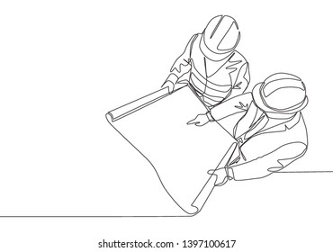 Single continuous line drawing of young company manager do quality control to sketch draft blueprint design. Building architecture business concept. One line draw vector graphic design illustration