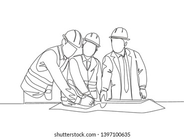 Single continuous line drawing of young sketch draft designer meeting with architect discussing construction design. Building architecture business concept. One line draw design illustration