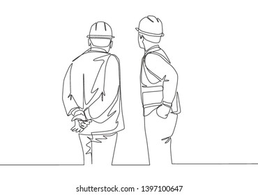 Single continuous line drawing young foreman construction builder meeting and business owner talking building facility  Building architecture business concept  One line draw design illustration
