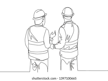 Single continuous line drawing of young company manager presenting proposal construction plan to the investor. Building architecture business concept. One line draw vector graphic design illustration