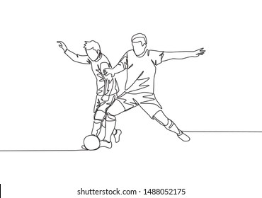 Single continuous line drawing of young energetic football player fighting for the ball at the competition game. Soccer match sports concept. One line draw design vector illustration