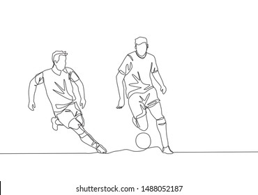 Single continuous line drawing of young energetic football player chasing opponent player who dribbled the ball passing him. Soccer match sports concept. One line draw design vector illustration