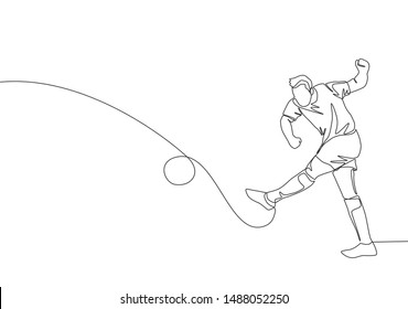 Single continuous line drawing of young passion football player shooting the ball really hard to the opponent's goal. Soccer match sports concept. One line draw design vector illustration