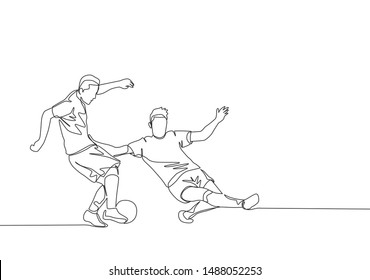 Single continuous line drawing of young energetic football player sliding opponent player when he wants to dribbling pass him. Soccer match sports concept. One line draw design vector illustration