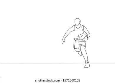 Single continuous line drawing of young healthy basketball player dribbling a ball. Competitive sport concept. Trendy one line draw design vector illustration for basketball tournament promotion media